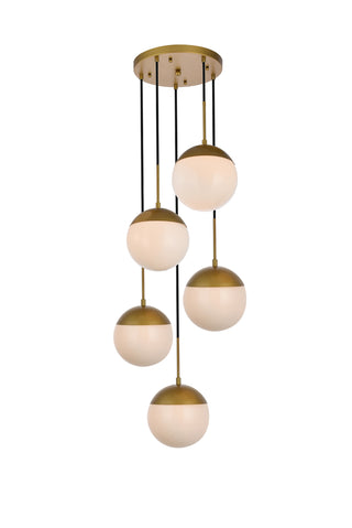 Eclipse 5 Lights Brass Pendant With Frosted White Glass