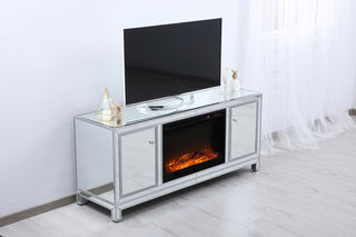 60 in. mirrored TV stand with wood fireplace insert in antique silver