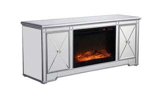 60 in. mirrored TV stand with wood fireplace insert in antique silver