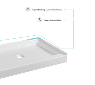 60x30 inch Single threshold shower tray center drain in glossy white