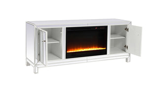 60 in. mirrored TV stand with crystal fireplace insert in white