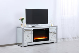 60 in. mirrored TV stand with crystal fireplace insert in antique silver