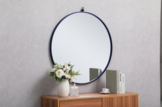 Metal frame round mirror with decorative hook 32 inch Blue