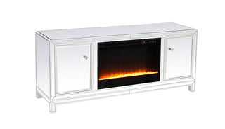 60 in. mirrored TV stand with crystal fireplace insert in white
