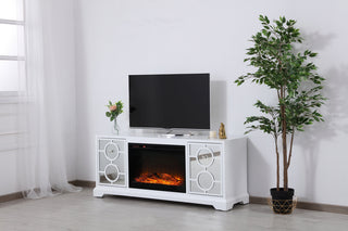 60 in. mirrored TV stand with wood fireplace insert in white