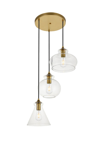 Destry 3 Lights Brass Pendant With Clear Glass