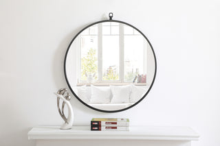 Metal frame Round Mirror with decorative hook 24 inch Black finish