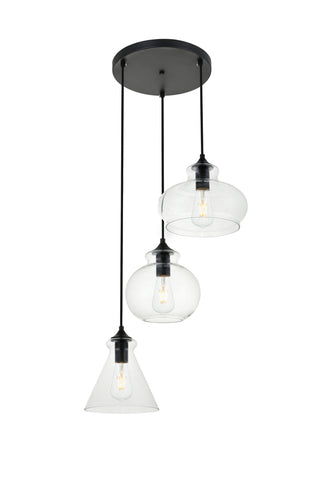 Destry 3 Lights Black Pendant With Clear Glass