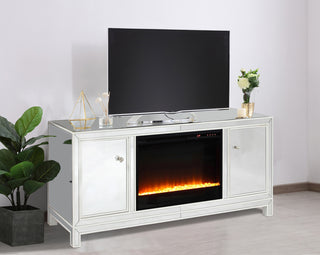 60 in. mirrored TV stand with crystal fireplace insert in white