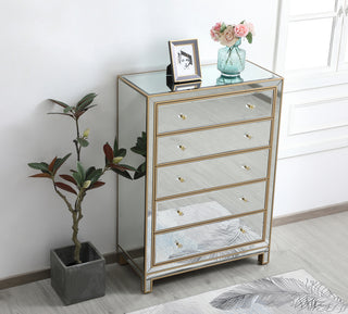 34 inch mirrored five drawer cabinet in gold