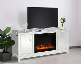 60 in. mirrored TV stand with wood fireplace insert in white