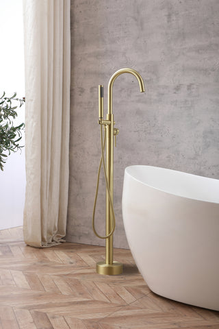 Steven Floor Mounted Roman Tub Faucet with Handshower in Brushed Gold