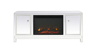 60 in. mirrored TV stand with wood fireplace insert in white