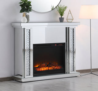 47.5 in. Crystal mirrored mantle with wood log insert fireplace
