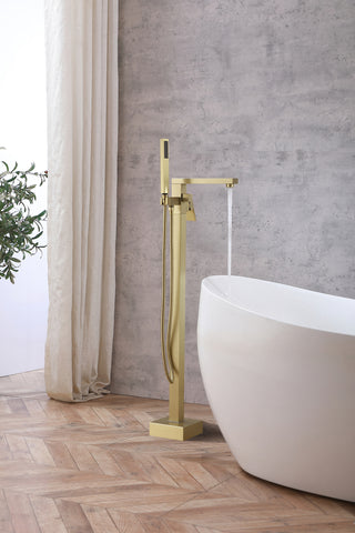 Henry Floor Mounted Roman Tub Faucet with Handshower in Brushed Gold