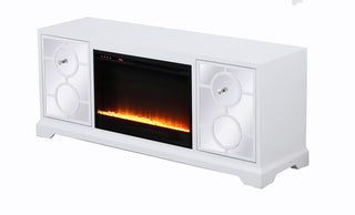 60 in. mirrored TV stand with crystal fireplace insert in white