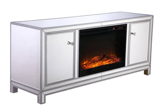 60 in. mirrored TV stand with wood fireplace insert in antique silver