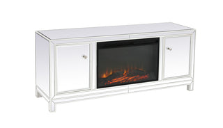 60 in. mirrored TV stand with wood fireplace insert in white