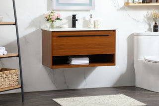 36 inch Single bathroom vanity in teak with backsplash