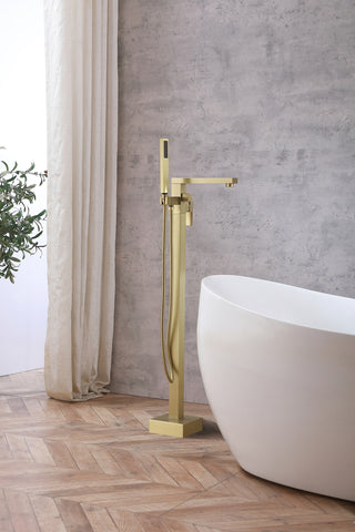 Henry Floor Mounted Roman Tub Faucet with Handshower in Brushed Gold