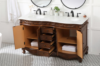 60 inch double Bathroom vanity in teak with ivory white engineered marble