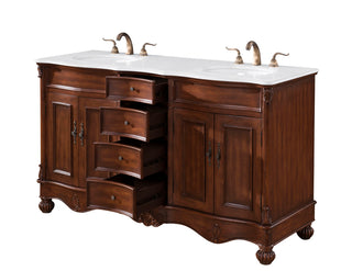 60 inch Double Bathroom vanity in Teak with ivory white engineered marble