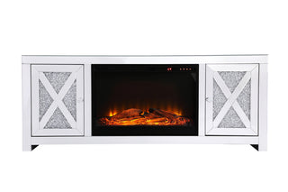 59 in. crystal mirrored TV stand with wood log insert fireplace 