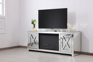 59 in. crystal mirrored TV stand with wood log insert fireplace