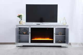60 in. mirrored TV stand with crystal fireplace insert in antique silver