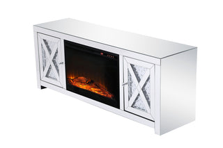 59 in. crystal mirrored TV stand with wood log insert fireplace