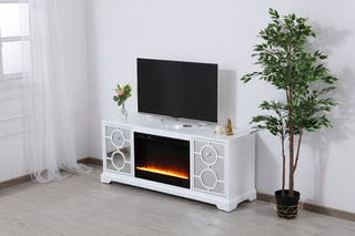 60 in. mirrored TV stand with crystal fireplace insert in white