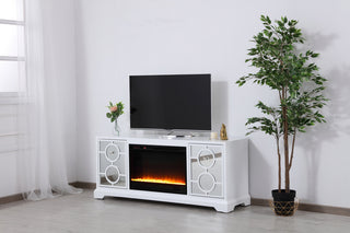 60 in. mirrored TV stand with crystal fireplace insert in white