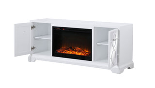 60 in. mirrored TV stand with wood fireplace insert in white