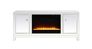 60 in. mirrored TV stand with crystal fireplace insert in white