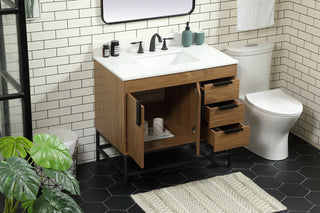 36 inch Single bathroom vanity in walnut brown with backsplash