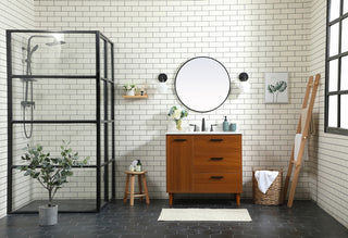 36 inch bathroom vanity in Teak with backsplash
