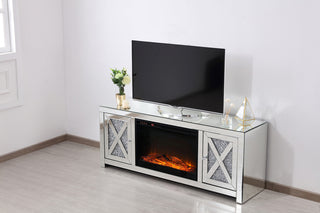 59 in. crystal mirrored TV stand with wood log insert fireplace