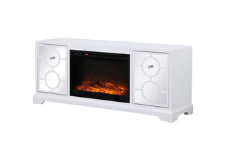 60 in. mirrored TV stand with wood fireplace insert in white