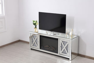 59 in. crystal mirrored TV stand with wood log insert fireplace