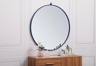 Metal frame round mirror with decorative hook 36 inch Blue