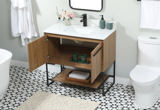 36 inch Single bathroom vanity in walnut brown with backsplash