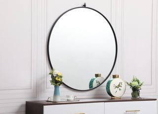 Metal frame round mirror with decorative hook 39 inch in Black