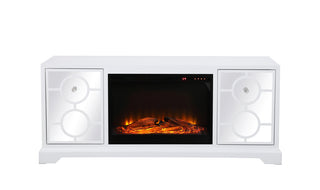 60 in. mirrored TV stand with wood fireplace insert in white