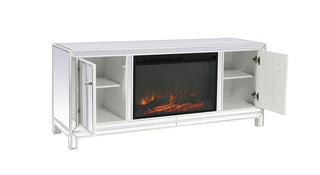 60 in. mirrored TV stand with wood fireplace insert in white