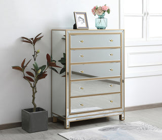 34 inch mirrored five drawer cabinet in gold