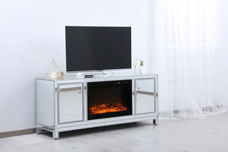 60 in. mirrored TV stand with wood fireplace insert in antique silver