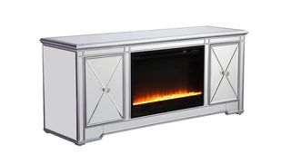 60 in. mirrored TV stand with crystal fireplace insert in antique silver