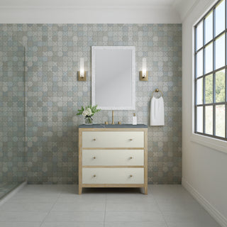 36 Inch Celeste Freestanding Vanity in Sunwashed Oak with Embossed Shagreen Drawer Fronts / Parisien Bleu Top