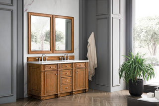 60 Inch Bristol Freestanding Vanity in Saddle Brown / White Zeus Top