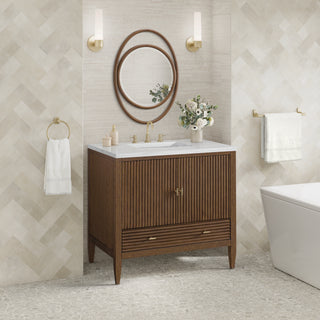 36 Inch Myrrin Freestanding Vanity in Mid-Century Walnut / Arctic Fall Top